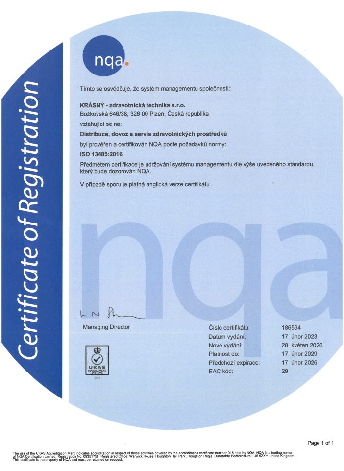 Společnost KRÁSNÝ - zdravotnická technika s.r.o. získala certifikát ISO 13485 Společnost KRÁSNÝ - zdravotnická technika s.r.o. získala certifikát ISO 13485