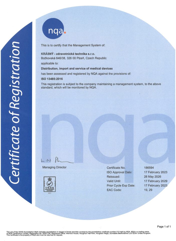 Společnost KRÁSNÝ - zdravotnická technika s.r.o. získala certifikát ISO 13485 Společnost KRÁSNÝ - zdravotnická technika s.r.o. získala certifikát ISO 13485